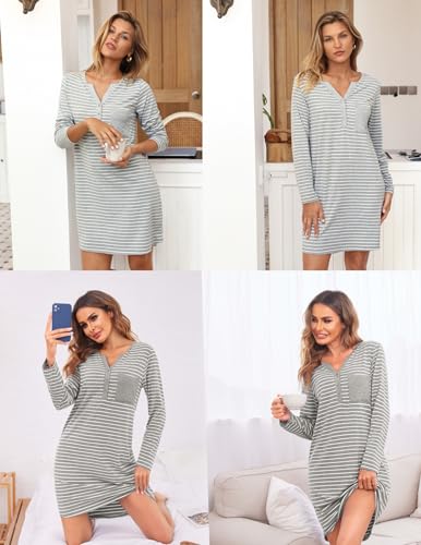 Ekouaer Women's Nightgowns Long Sleeve Button Down V Neck Pajama Dress - color: Light Grey Striped, size: Small