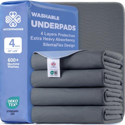 Accompagner Incontinence Bed Pads Washable Waterproof Underpads 28"x28" 4pc - color: Dark Gray, size: 28"x28" (4 Pack)