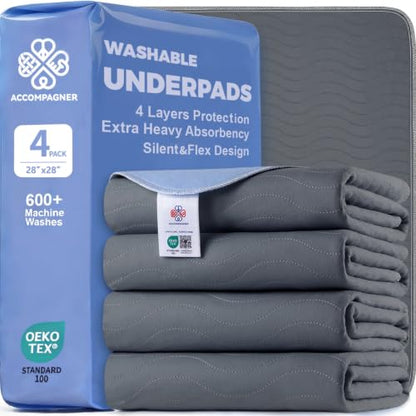 Accompagner Incontinence Bed Pads Washable Waterproof Underpads 28"x28" 4pc - color: Dark Gray, size: 28"x28" (4 Pack)