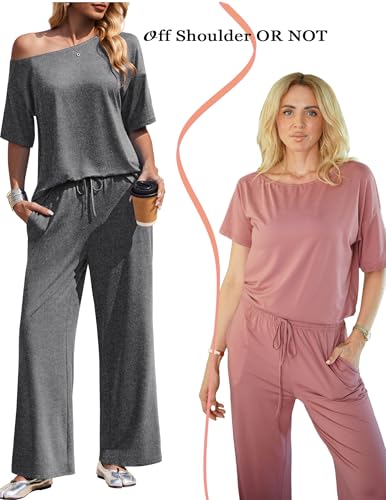 Ekouaer Women's Lounge Set Off Shoulder Short Sleeve Top & Long Pants Set - color: Dark Gray, size: Large