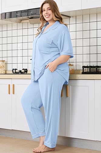 Women Plus Size Button Down Pajamas Long Pants Lounge Sets PJS - color: Sky Blue, size: XX-Large