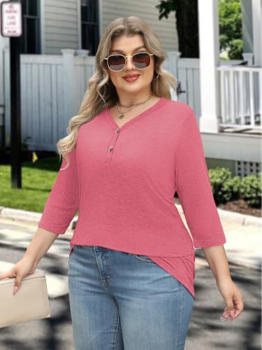 Womens Summer Plus Size 3/4 Length Sleeve Tops Button Down Shirts L-4XL - color: Pink, size: XX-Large