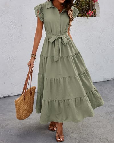 dowerme Women Ruffle Sleeve Button Belted Boho Maxi Dress - color: Grey Green, size: XX-Large