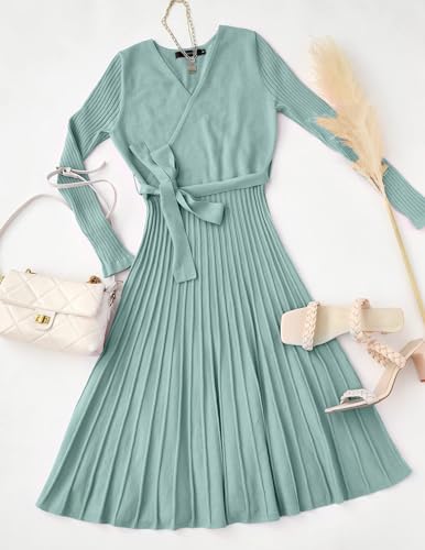 ZESICA Women's Long Sleeve Wrap Sweater Midi Dress with Belt - color: Lake, size: Large