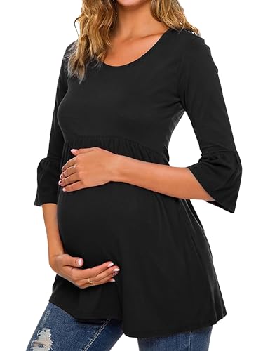 Ecavus Women's Maternity Shirt Striped Peplum 3/4 Sleeve Maternity Top - color: Black, size: Large