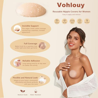 Nipple Covers, Reusable Sticky Silicone Pasties for Women, No Show - color: Crème