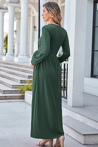 OUGES Women's Wrap Pregnancy Maxi V Neck Fall Baby Shower Maternity Dress - color: Dark Green, size: XX-Large