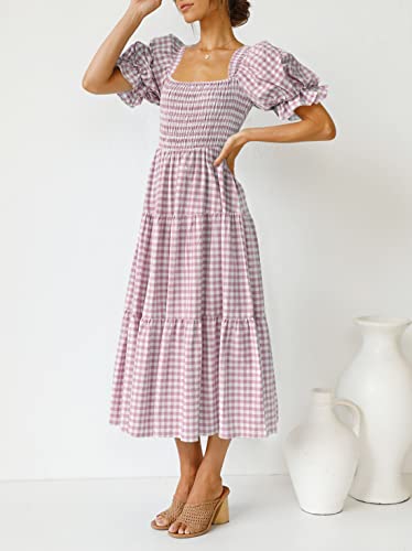 ZESICA Women's Summer Boho Gingham Puff Sleeve Square Neck Beach Midi Dress - color: Taro, size: Large