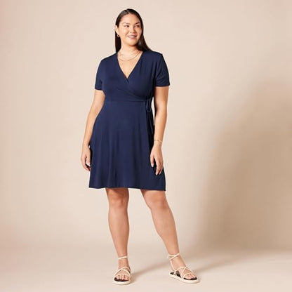 Amazon Essentials Women's Short Sleeve V Neck Faux-Wrap Dress, Fitted - color: Navy, size: X-Small