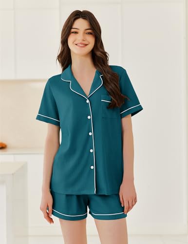 Ekouaer Womens Waffle Knit Pajama Sets Soft Short Sleeve Button Up Pjs - color: Strong Blue, size: Small