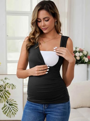 Womens 2-Pack Outfits Nursing Tank Wrap V-Neck Shirts Ruched Breastfeeding Sleeveless Maternity Tops - color: 2pack Black, size: Large