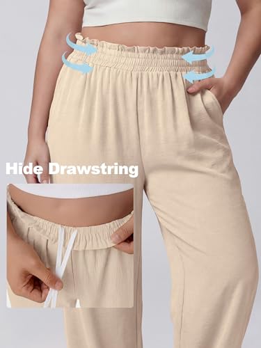 Lastshe Women's Plus Size Wide Leg Pants Elastic High Waist Hide Drawstring Loose Work Pants Palazzo Trousers with Pockets - color: Black White Plaid, size: 2X