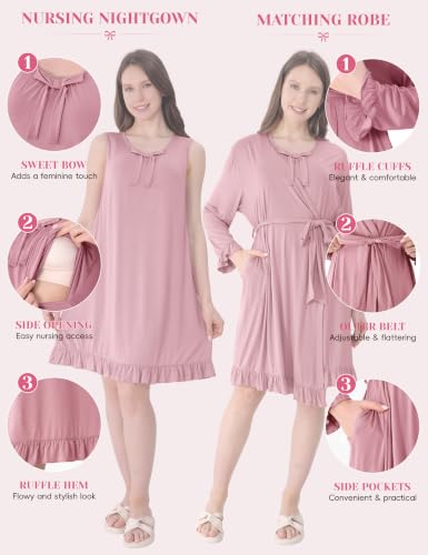 Maternity Nursing Gown & Robe Set, Ruffle Labor Delivery Nightgowns - color: Dusty Rose, size: Medium