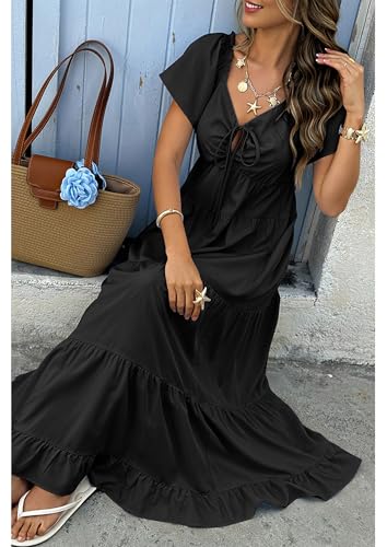 ECOWISH Womens Summer Maxi Dress 2026 Flutter Short Sleeve V Neck Tie Front Wedding Guest Vacation Tiered Flowy Dresses - color: Black, size: Medium