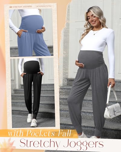 Neer 3 Pack Maternity Joggers Lounge Sweatpants with Pockets - color: Black, Dark Heather Gray, Blue, size: Large
