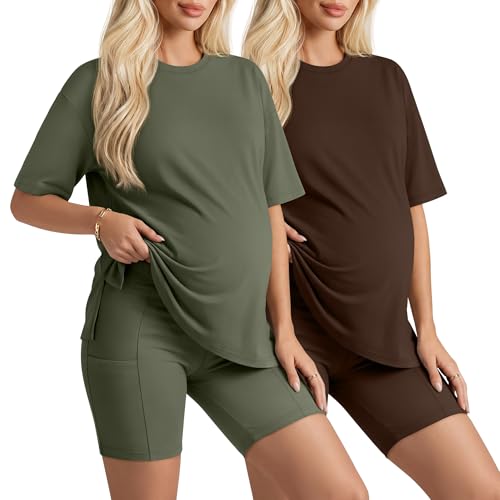 Huukeay 2 Pack Women Maternity Set Pregnancy Outfits - color: Army Green, Dark Brown, size: Small