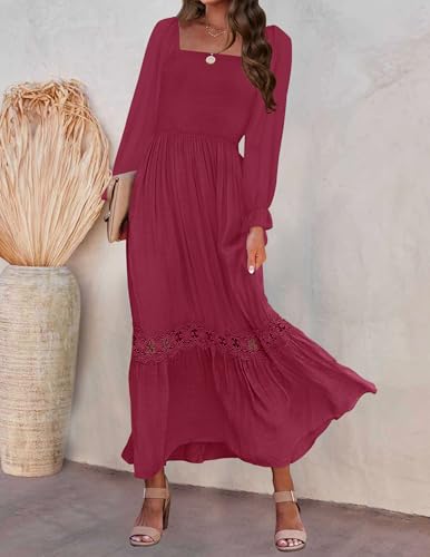 ZESICA Women's 2026 Boho Long Sleeve Fall Maxi Dress - color: Plum, size: Small