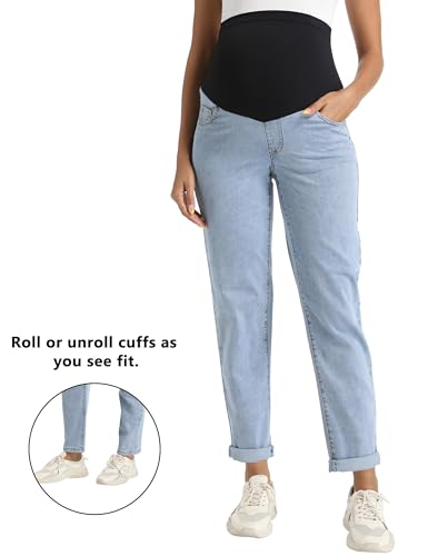 Foucome Maternity Boyfriend Jeans Over Belly Denim Pants - color: Light Blue, size: Small