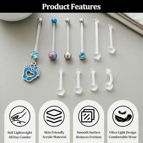 Pregnancy Belly Button Rings, Flexible Acrylic Maternity Belly Rings, Bioflex Navel Piercing Retainer with Replacement Balls for Pregnant Women, Multiple Sizes Set