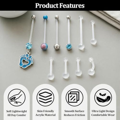 Pregnancy Belly Button Rings, Flexible Acrylic Maternity Belly Rings, Bioflex Navel Piercing Retainer with Replacement Balls for Pregnant Women, Multiple Sizes Set