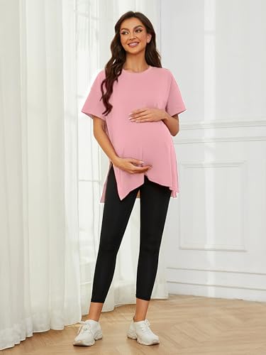 Ecavus Maternity Shirts Side Split Soft Cotton Loose Fit Pregnancy Tops - color: Pink, size: Medium