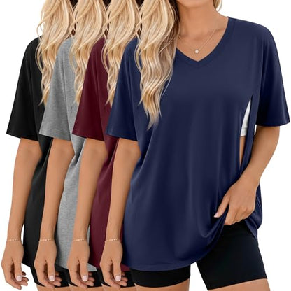4 Pack Women's Oversize Nursing Tops - color: Navy Blue, Wine Red, Light Gray, Black, size: XX-Large