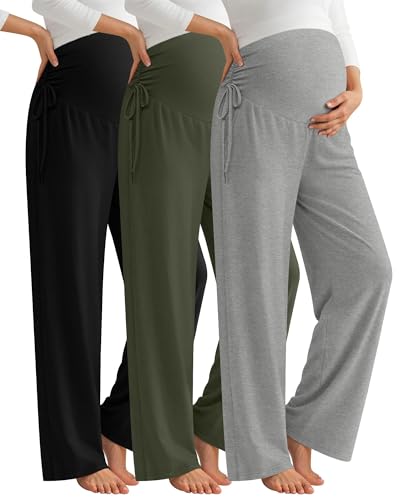 Neer 3 Pack Women's Maternity Lounge Wide Leg Pants - color: Light Gray, Army Green, Black, size: Small