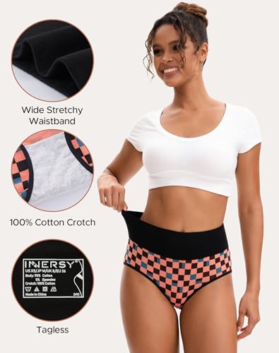INNERSY Women's High Waisted Underwear Cotton Panties Regular & Plus Size 5-Pack - color: Chessboard, size: Large