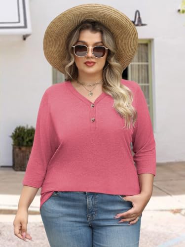 Womens Summer Plus Size 3/4 Length Sleeve Tops Button Down Shirts L-4XL - color: Pink, size: X-Large