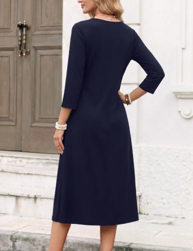 Zeagoo Womens Dresses 3/4 Sleeve Casual Fall A Line Midi Dress with Pockets - color: Navy Blue, size: Small