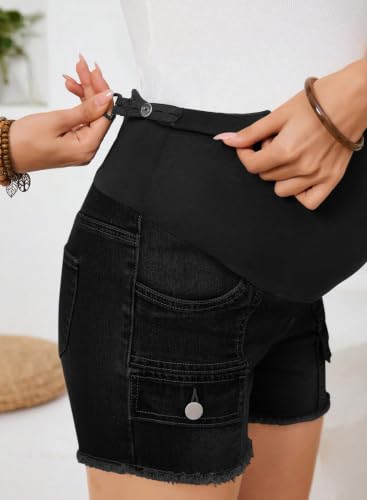 BLENCOT Maternity Denim Cargo Shorts Over Belly Soft Stretch Frayed - color: Black, size: Medium