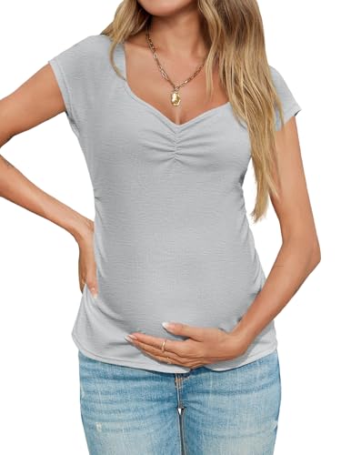 Tankaneo Womens Vneck Maternity Tops Cap Sleeve Fit Ribbed Pregnancy Tshirt - color: Grey, size: Medium