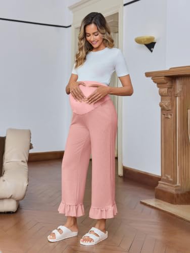 Yousify Womens Maternity Pants Ruffle Lounge Pregnancy Wide Leg Trousers - color: A-pink, size: Medium