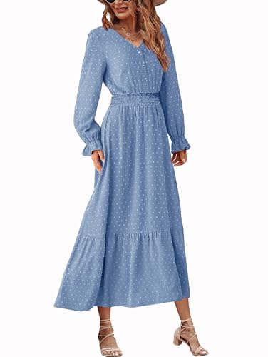 CzzzyL Women Nursing Boho Maxi Dress Swiss Dot Smocked with Pockets - color: S-lightblue, size: Medium