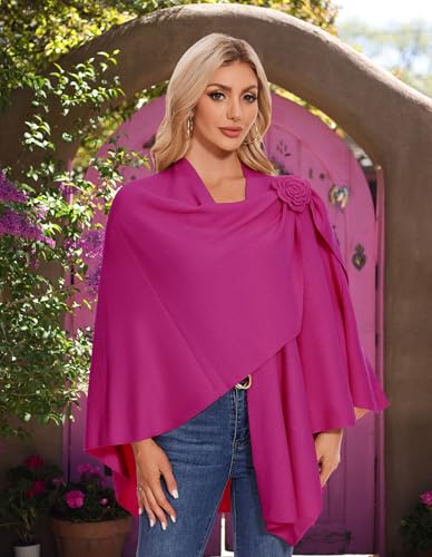 PULI Women Elegant Cross Front Floral Shawl Wraps Poncho Fall Winter - color: Hotpink