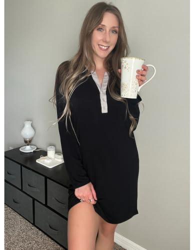 Ekouaer Women's Nightgowns Long Sleeve Button Down V Neck Pajama Dress - color: Black, size: Large