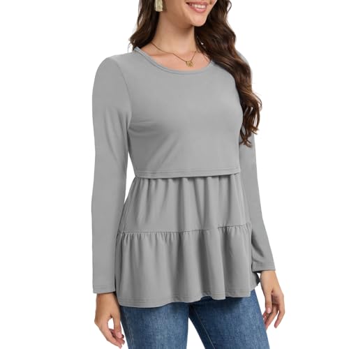 Bearsland Long Sleeve Nursing Top - color: Black & Platinum Grey & Red Mahogany, size: X-Large