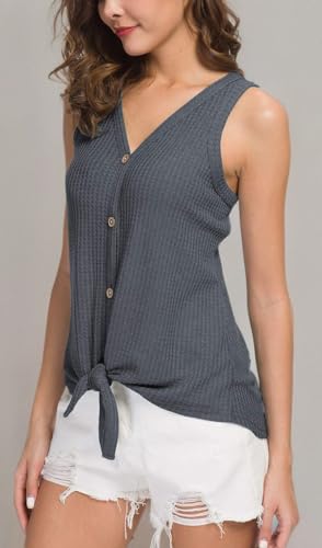 IWOLLENCE Womens Button Tank Tops Tie Front Knot - color: Dark Gray, size: Large