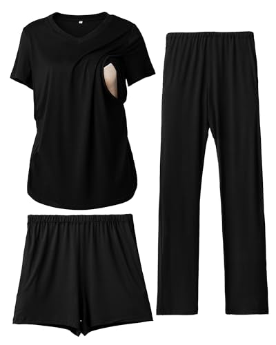 Rnxrbb 3 Piece Maternity Nursing Pajamas Set for Women Postpartum Pjs - color: Black, size: Large