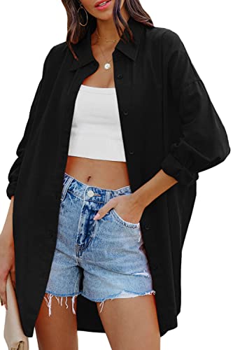 FSHAOES Womens Oversized Button Down Shirts Casual Loose Long Sleeve Solid Lapel Long Blouses Tops with Pockets - color: 02-black, size: Small