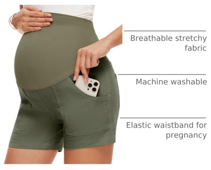 AMPOSH Women's Maternity Casual Cargo Shorts with Pockets Stretchy Summer Wear Pregnancy Clothes - color: Olive, size: Medium