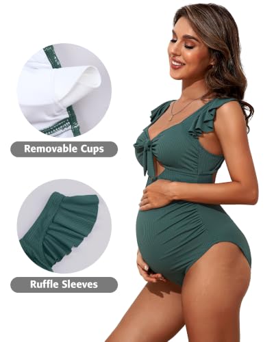 Charmo Ruffle Maternity Bathing Suits Ribbed Tie Knot Pregnancy Swimsuit - color: Green, size: Medium