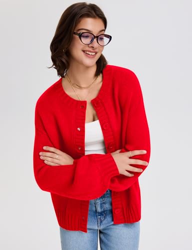 LOMON Womens Chunky Knit Cardigan Oversized Button Front Trend Sweater Tops - color: Red, size: Large