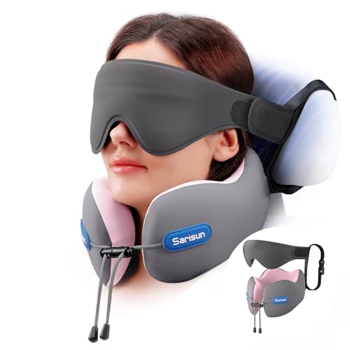 SARISUN Travel Pillow for Airplane,Seat Strap for Neck Support,3D Eye Mask - color: Grey&pink