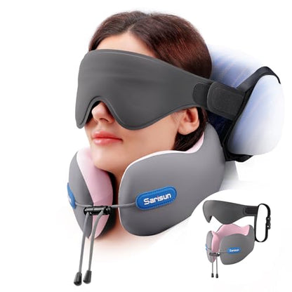 SARISUN Travel Pillow for Airplane,Seat Strap for Neck Support,3D Eye Mask - color: Grey&pink