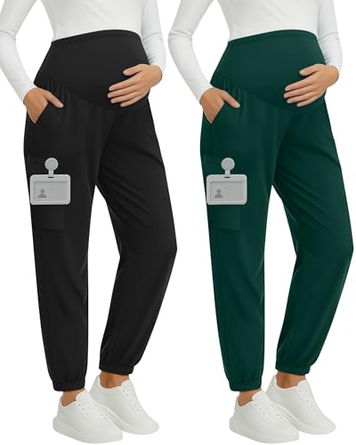Oakgarden 2 Pack Women's Maternity Scrub Pants Pregnancy Scrubs - color: Black, Dark Green, size: Medium