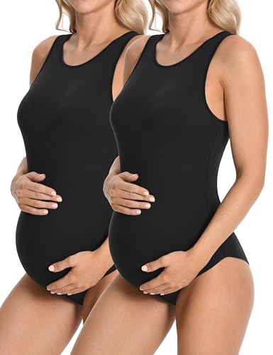 V VOCNI Maternity Bodysuit Racerback Halter Pregnancy Body Suits - color: 2-pack Black, size: X-Large