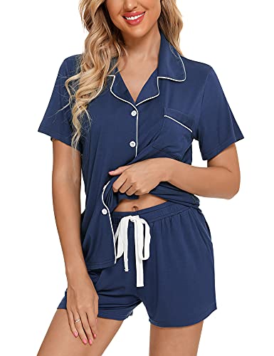 Senert Womens Pajamas Set Short Sleeve Sleepwear - color: A. Cyan Blue, size: Medium