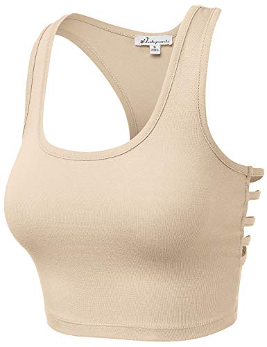 Women's Sleeveless Racerback Crop Tank Top Camisole Backless Scoop Neck Shirts - color: 964-taupe, size: Medium