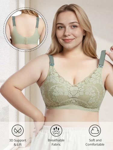 Lace Nursing Bras for Breastfeeding, Plus Size Maternity Sleep Bra, Mulberry Silk Liner Pregnancy Bra Wirefree Bralette - color: Green, size: Medium